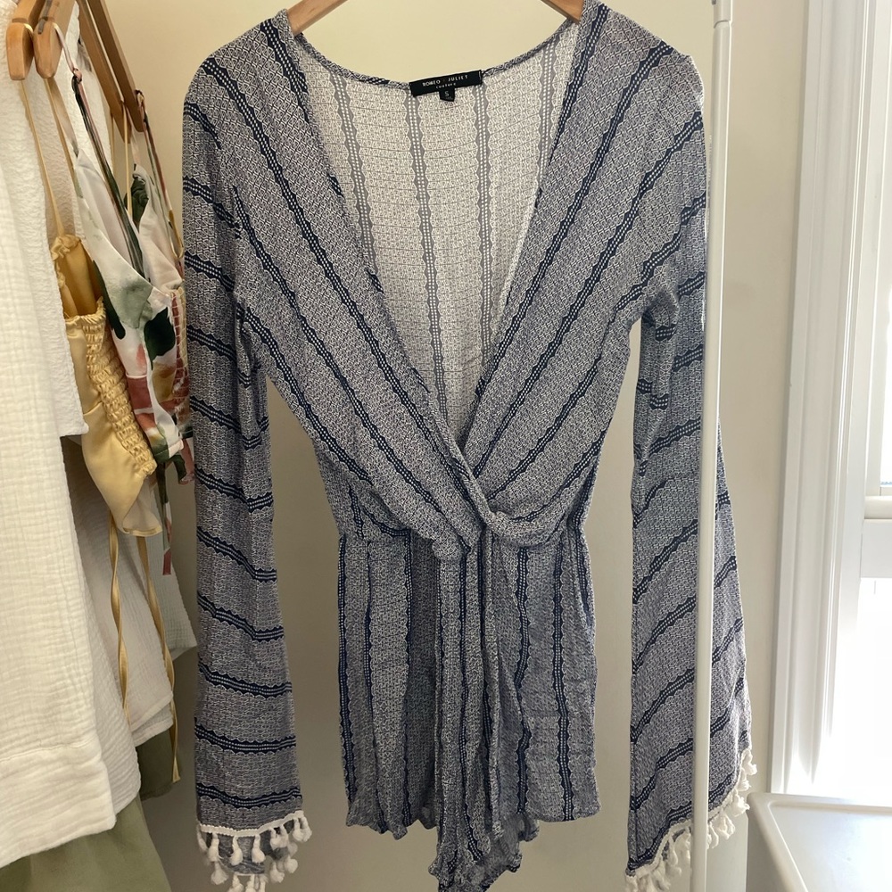blue and white long sleeve romper